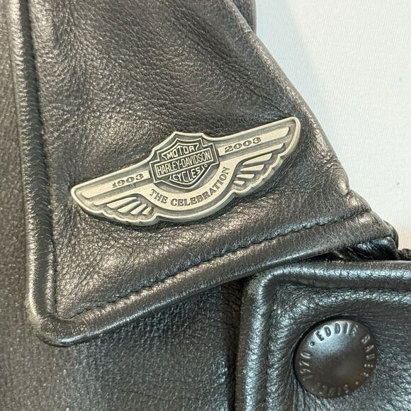 Vintage Eddie Bauer Leather Bomber Jacket Black Medium + Harley Davidson Pin - Picture 3 of 15